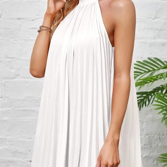 White Preppy Womens Tie Back Pleated Halter Dress - Picture 4 of 5